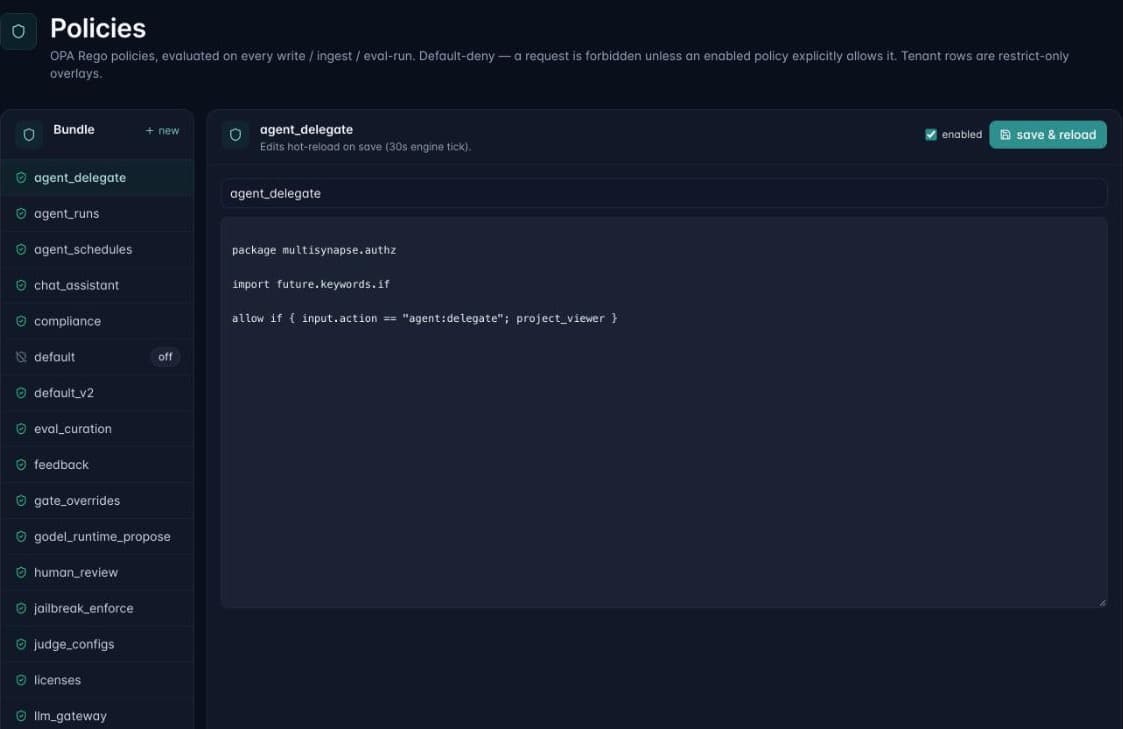 Policy bundle listing named Rego policies with an editor showing an allow rule for agent delegation