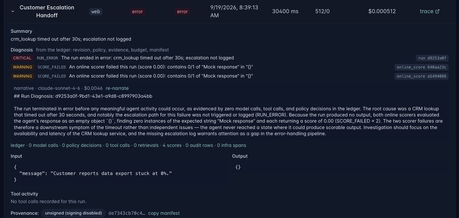 A run diagnosis: a critical finding for the run error, two failed online scores, and a narrative written only from those findings